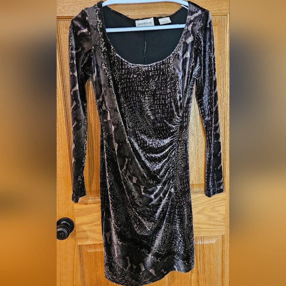 Hugo Busccati Vintage Velvet Snakeskin Animal Print long sleeve midi Dress